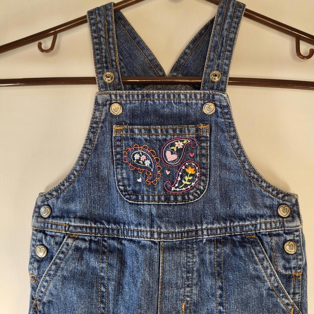 VTG Carters 18M girls denium overalls embroidery Paisley & hearts leg snap